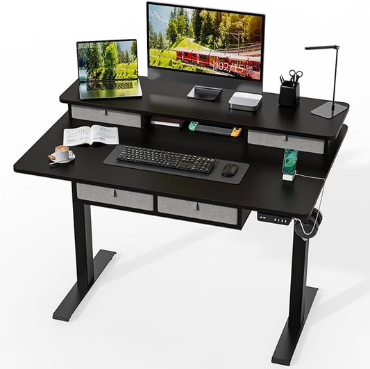Kingant 48 x 30 Inch Electric Standing Desk with 4 Drawers, Adjustable Height Computer Desk for Home Office, Large Workstation Sit Stand Up Desk with Built-in USB A/C Charging Ports, Black