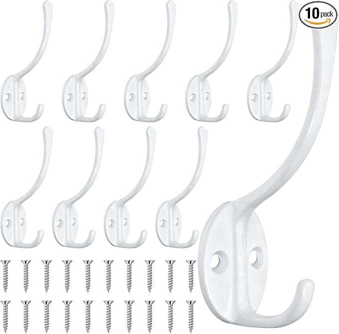 Homanu 10 Pack Coat Hooks Wall Mounted with 20 Screws, Heavy Duty White Towel Hooks Metal Double Hooks, No Rust Retro Rustic Wall Hooks for Hanging Towel, Coat, Scarf, Bag, Hat, Cup, Key