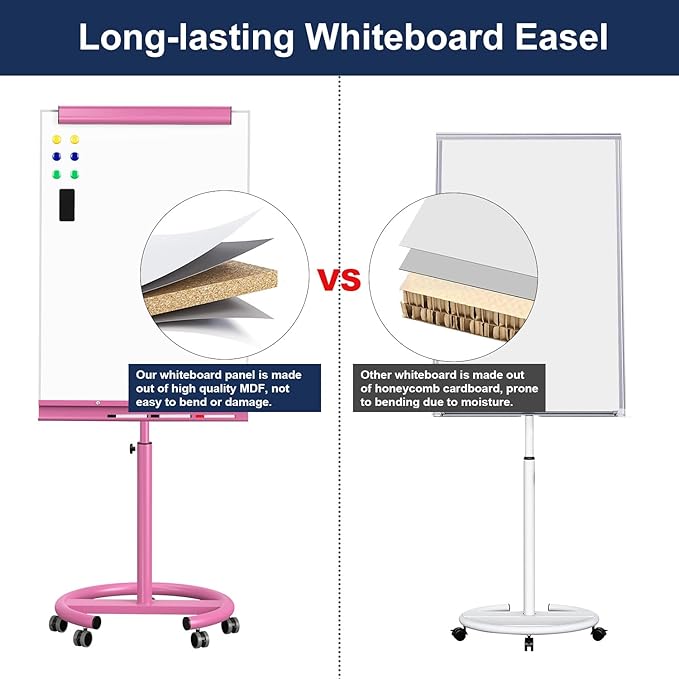 TSJ OFFICE Rolling Whiteboard Standing - 40 x 26 Inches Magnetic Mobile White Board with Stand, Height Adjustable Dry Erase Board on Wheels with Paper Clamp on Top, Violet