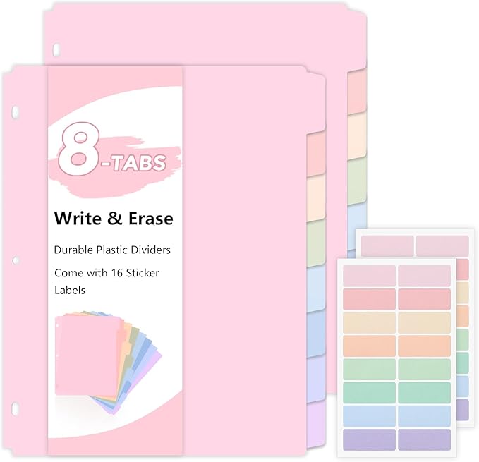 SKYDUE 8 Tab Durable Plastic Dividers,2Sets, Big Tab Dividers for 3 Ring Binder, Write&Erase 3 Ring Binder Dividers with Tabs, with Sticker Labels, Long-Lasting Plastic Pastels Binder Dividers
