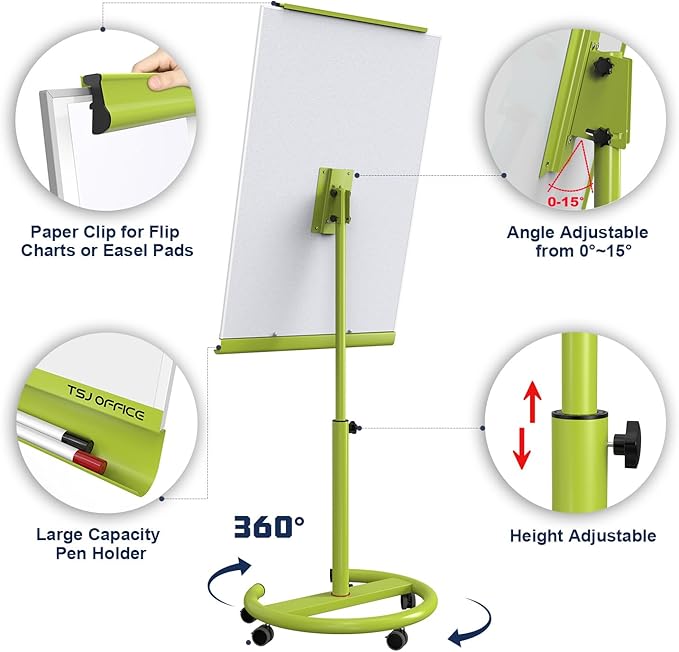 TSJ OFFICE Rolling Whiteboard Standing - 40 x 26 Inches Magnetic Mobile White Board with Stand, Height Adjustable Dry Erase Board on Wheels with Paper Clamp on Top, Green