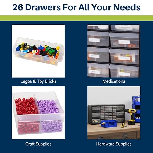 Akro-Mils 26-Drawer Plastic Drawer Storage Cabinet for Garage Organization, Bead Organizer, Building Bricks Storage, Teacher Toolbox, Makeup Organizer, 20-Inch W x 6-Inch D x 10-Inch H, 10124 White
