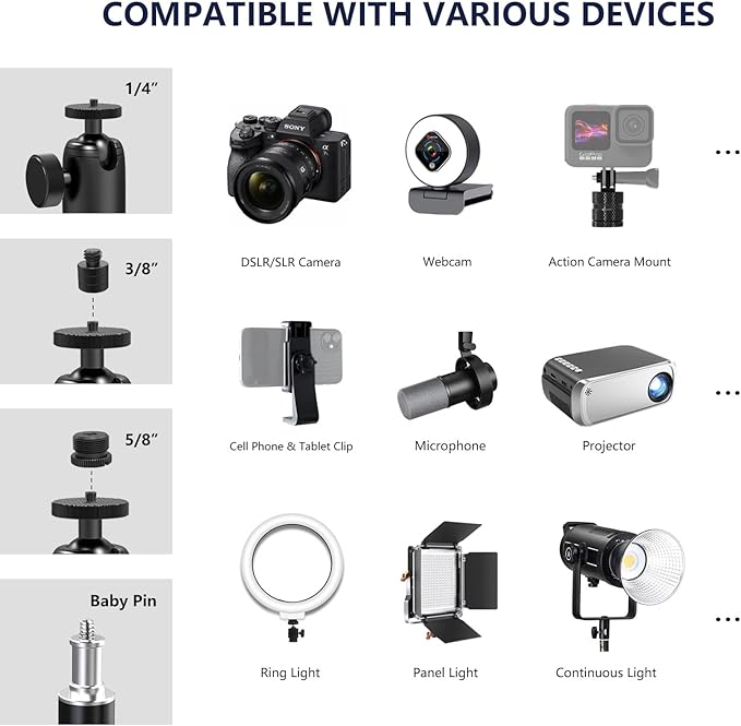 【All Metal】RAUBAY Desktop Magic Arm, Overhead Camera Desk Mount, Table Light Stand with 1/4“ Ball Head, 3/8" & 5/8" Adapter, C Clamp, Retractable Boom Arm for DSLR, Webcam, Microphone, Projector DMA01