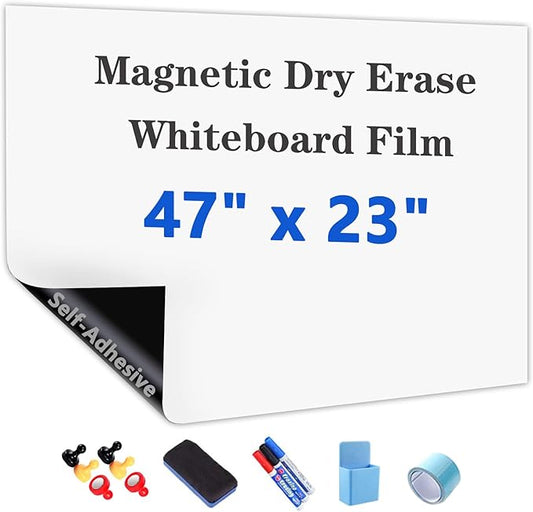 Magnetic Dry Erase Whiteboard Paper with Adhesive, 47" x 23" White Board Film for Wall, Easy to Write and Clean Dry Erase Board for Office, Classroom, Home, Include Marker, Magnetic Eraser and Magnets