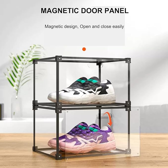 KOKOIN Magnetic Side Open Transparent Plastic Storage Shoe Box Clear Shoe Display Case Sneaker Shoe Storage Box Display Box Shoe Container Clear Closet Shelf Shoe Organizer (Black 8PC)