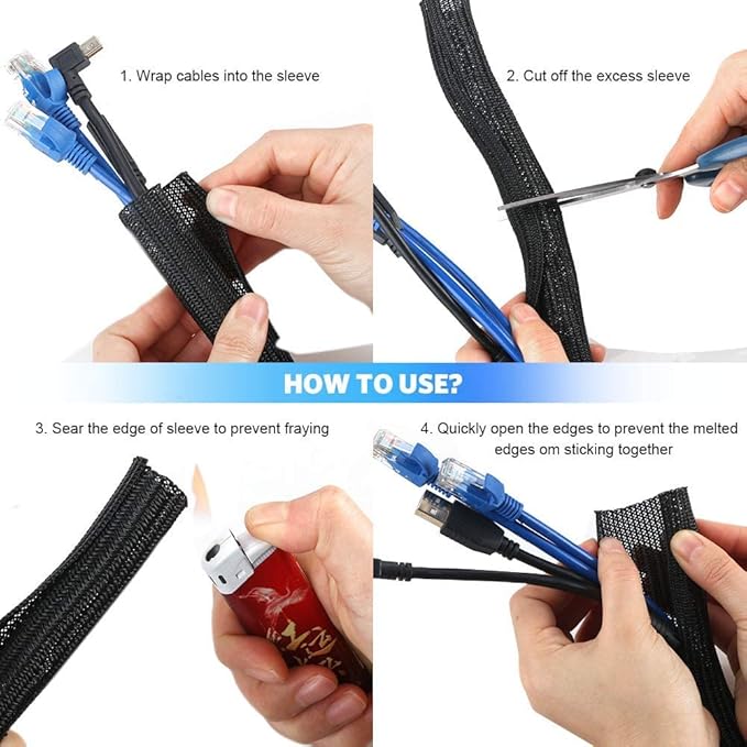 AGPTEK Cable Sleeve Cover, 10ft - 4/5 inch Desk Cord Organizer Cable Hider, Home Office Wire Management Computer TV Wire Loom Tubing, Pet Proof Cord Protector, from Cat Dog Chewing, Black