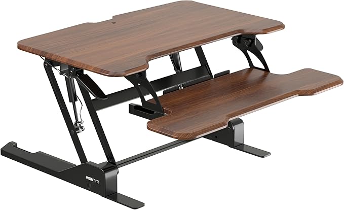 Mount-It! Height Adjustable Standing Desk Converter, Compact 30” Wide Tabletop Standing Desk Riser with Gas Spring, Desktop Stand Up Workstation with Keyboard Tray Fits Monitor or Laptop, Dark Walnut