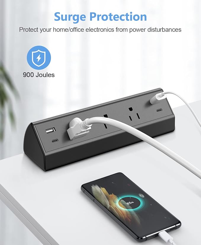 Desk Clamp Power Strip,40W Fast Charging Station,Desktop Mount Surge Protector,2 PD 20W USB C Ports,3 Outlets for Home,Office,Fit 1.9" Tabletop Edge (Black, 3 Outlets & 4 USB Ports & 25 FT Cable)