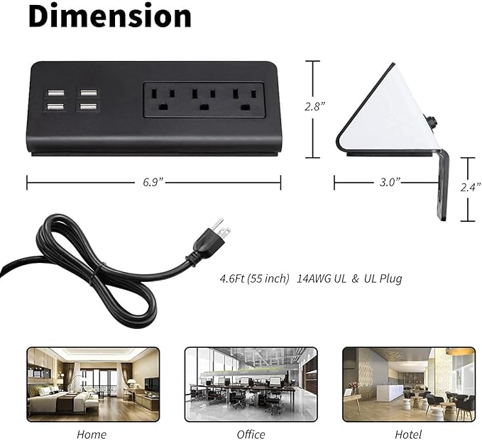 Emerising 2-Pack Desk Edge Mount Power Strips with 4 USB Ports & 3 AC Power Outlets for Home and Office Desktop Charging Bucket, 1250Joules Surge Protection,Black