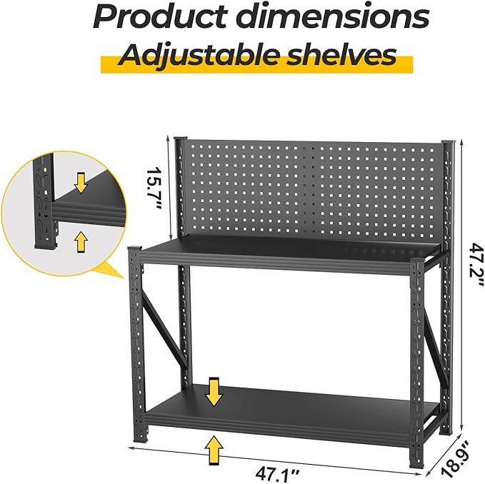 Storage Shelves with Pegboard,Heavy Duty Garage Shelving Units and Storage,Metal Shelving Adjustable Shelves,Garage Storage Rack,Industrial Utility Shelf For Kitchen,Pantry 47.2"H*47.09"W*19"D
