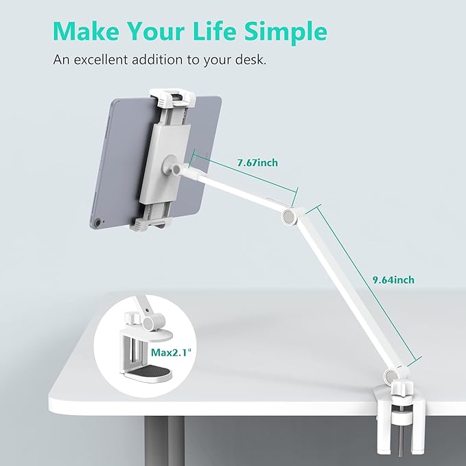 iPad Desk Mount, Adjustable Tablet Holder Clamp, 360 degree Rotation, Sturdy Aluminum Tablet Arm Mount for 4.7"-13" iPad Pro/Air/Mini, iPhone, Galaxy Tab, for Kitchen, Work, Video Call(White)