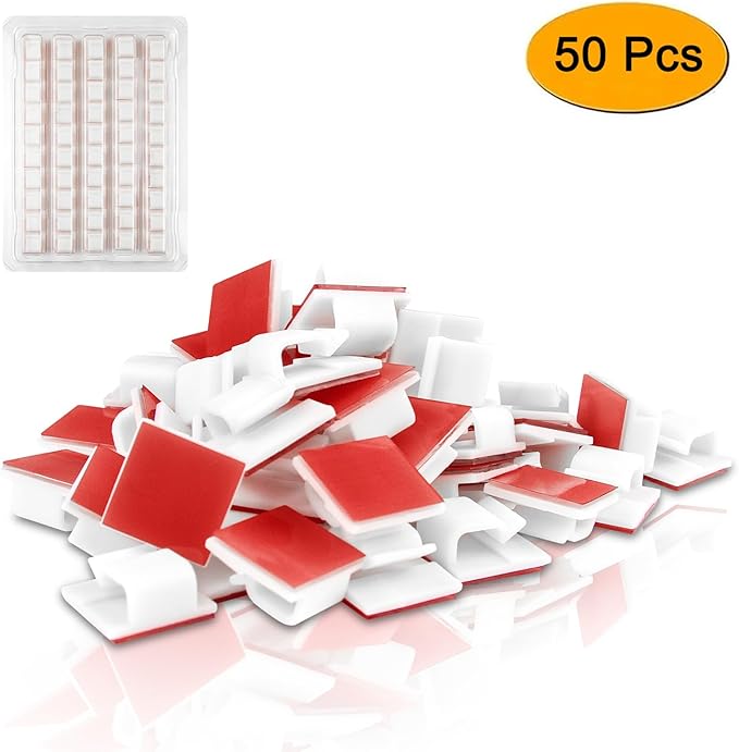 SOULWIT 50 Pcs Self Adhesive Cable Management Clips, Cable Organizers Sticky Wire Clips Cord Holder for TV PC Laptop Ethernet Cable Desktop Home Office (White)