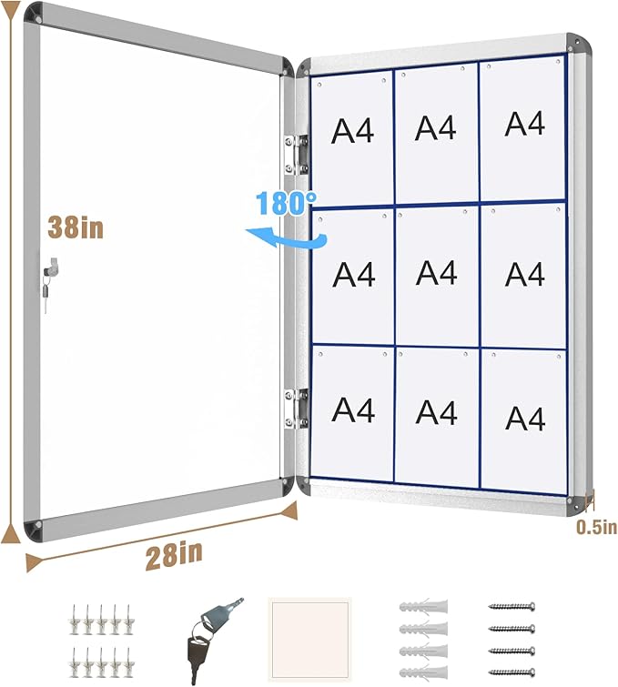 Mifuro 38"x28" Enclosed Bulletin Board, Lockable Weather-Resistant Aluminum Cork Noticeboard for School & Office, Silver Frame w/Blue Flet
