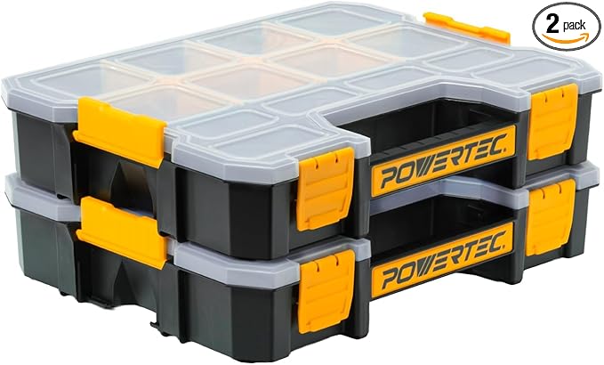 POWERTEC Small Parts Organizer & Tool Box – 14 Compartments, Stackable Storage with Interlocking Latch, Removable Dividers, Clear Lid, Portable Design, 2-Pack (72364-P2)