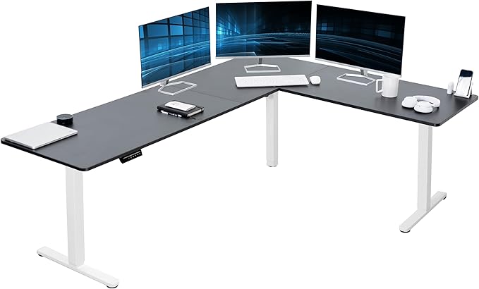 VIVO Electric Corner 84 x 63 inch L-Shaped Standing Desk, Memory Height Adjustment, Black Top White Frame, DESK-E3CTWB-84