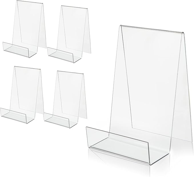 ZOEY Acrylic Book Stand with Ledge Clear Display Easels Plate - 5 Pack Large Book Holder Easel Stand for Display, Music Sheets, Artworks, CD, Tablet Holder