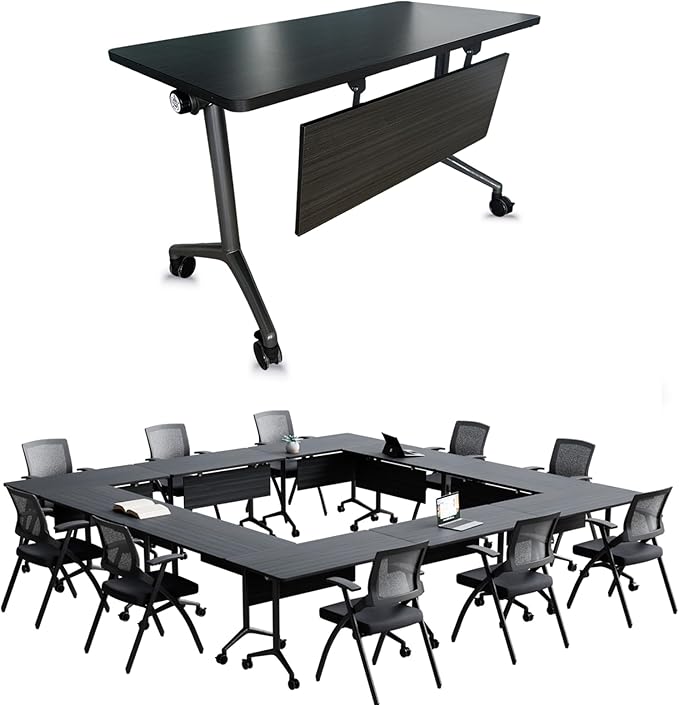 Goakwwuz Conference Room Table, Folding Conference Tables,Thicken Grey Tabletop,Flip Top Wooden Seminar Meeting Room Table for Conference Room Offices (10, BlackWoodGrain, 55.1”)