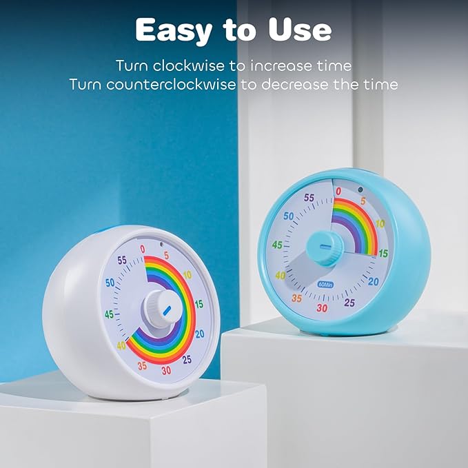 Visual Timer for Kids, 60-Minute Countdown for Classroom Office Kitchen, Desk Timer Kids Time Management Tools with Silent Operation, Pomodoro Timer Rainbow Pattern(White)