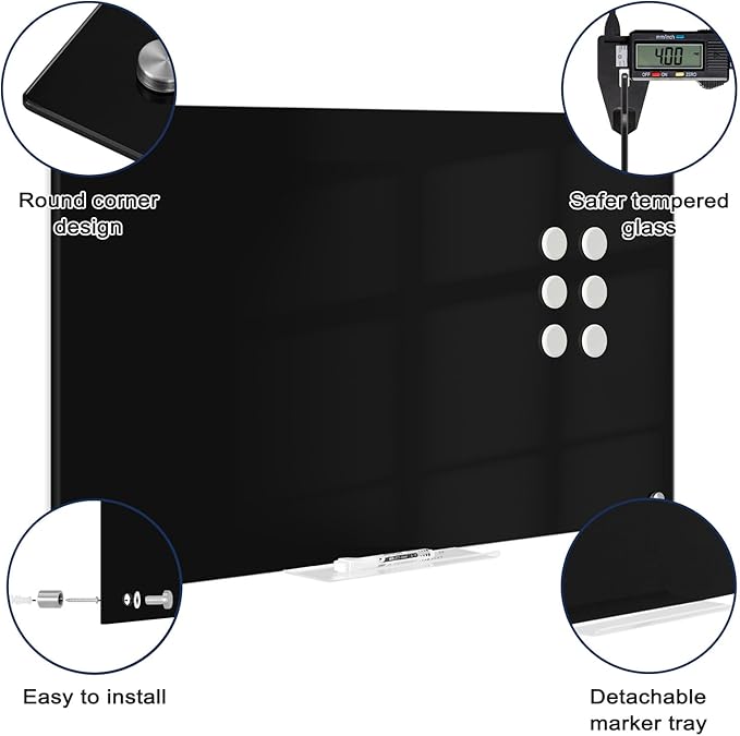 Black Dry Erase Board, 6' x 4' Magnetic Glass Whiteboard for Wall,72" x 48" Large Black Glass Magnetic Board with 1 Marker Tray and 10 Magnets for Office, Home, Classroom