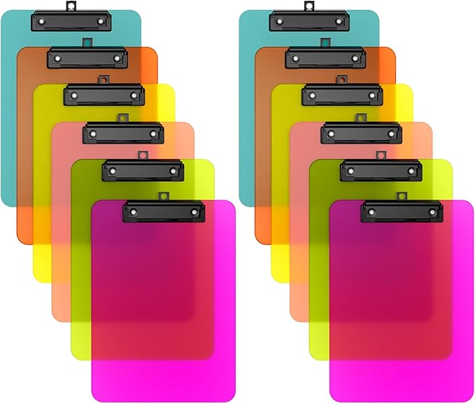 Zoenley A4 Plastic Clipboard Set of 12, Dark Colorful12.5 x 9" Letter Size for Classroom, Students, Teacher, Nurse, A4 Clear 8.5 x 11 Clip Board with Low Profile Black Clip, Office & School Supplies