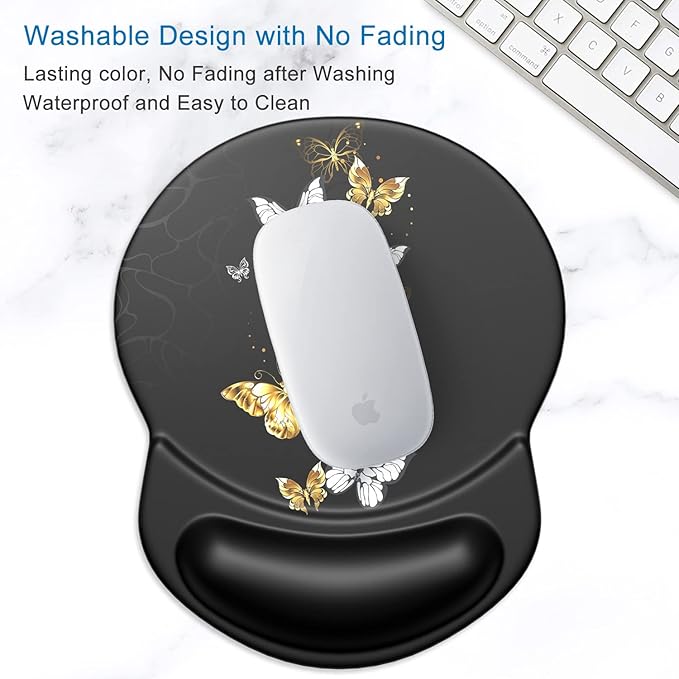 ITNRSIIET Ergonomic Mouse Pad with Gel Wrist Support Small Wrist Rest Smooth Surface Non-Slip PU Base Comfortable Office Supplies Pain Relief, 8.7 x 7.2 inches, Golden Butterfly