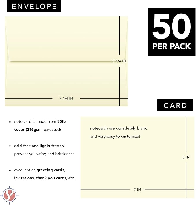 Blank Cream Natural Flat Note Cards and Envelopes – Heavyweight Off-White Cards for Invitations, Greetings, Postcards and Announcements | 5" x 7” (A7 Size) | 50 per Pack | NOT A Fold Over Card