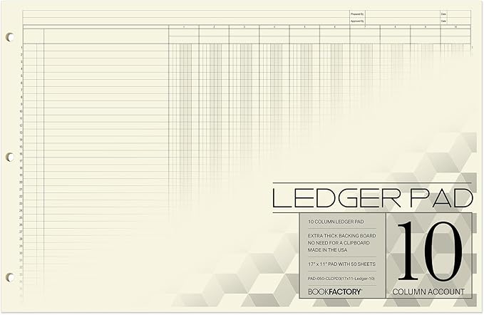BookFactory Ledger Pad/Large 10 Column Accounting Ledger Columnar (Ten Columns) Pads - 17'' x 11'', 50 Pages, Notepad Landscape Format (Made in USA)
