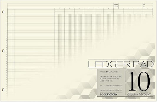 BookFactory Ledger Pad/Large 10 Column Accounting Ledger Columnar (Ten Columns) Pads - 17'' x 11'', 50 Pages, Notepad Landscape Format (Made in USA)