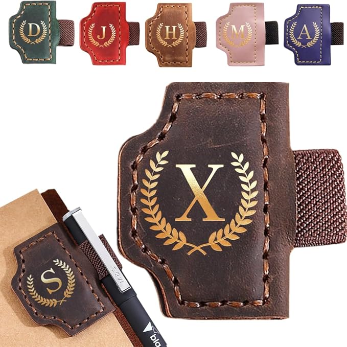 Personalized Mark Bookmark with Pen Holder, Leather Magnetic Book Marker 26 Letters,Custom Initials Page Marks, Gifts for Book Lovers Readers Men Women (Coffee, X)