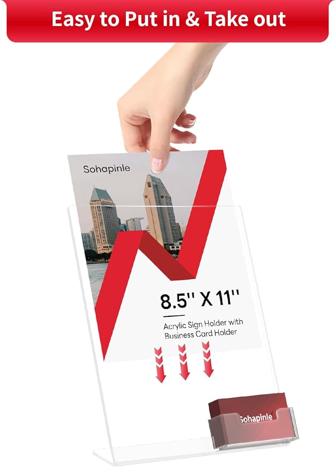 Acrylic Sign Holder 8.5 x 11 Inches with Business Card Holder Clear Plastic Brochure Flyer Display Stand Slanted Countertop Organizer for Pamphlets Magazines Booklets Menus, 2 Pack