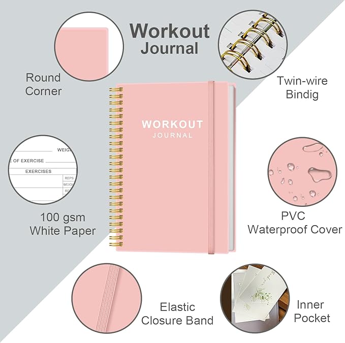 Fitness Journal for Women & Men,A5 Workout Journal/Planner Daily Exercise Log Book to Weight Loss, Gym, Muscle Gain, Bodybuilding Progress, 5.8"x8.3", Pink