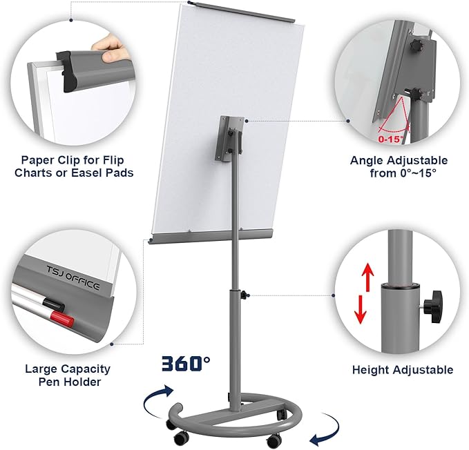 TSJ OFFICE Rolling Whiteboard Standing - 40 x 26 Inches Magnetic Mobile White Board with Stand, Height Adjustable Dry Erase Board on Wheels with Paper Clamp on Top, Gray