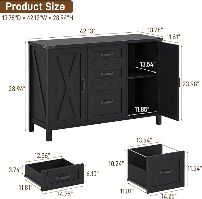 Vabches File Cabinet with 3 Drawers, Farmhouse Lateral File Cabinet Fits Files Letter/A4 Size, Wooden Filing Cabinet with Door and Adjustable Shelves Printer Stand for Home Office, Rustic Black