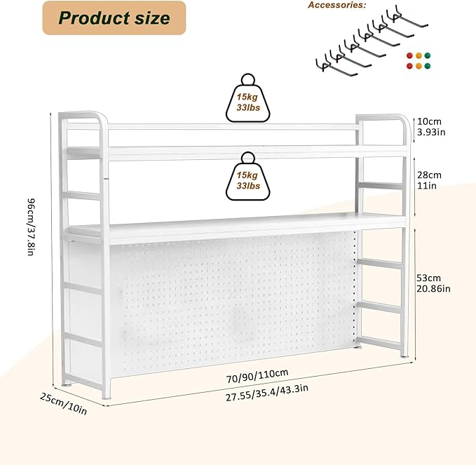 ZWCQSYS 2-Tier Desktop Bookshelf Hutch - Metal Desk Shelf Bookcase with Desk Pegboard Countertop Storage Organizer Rack for Dorm or Office (B, 70cm/27.5in)