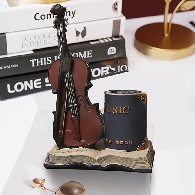 Jaugufiy Resin Violin Sculpture Pen Holder Pencil Holder Pen Organizer Cosmetic Brush Holder Decorative Pen Box Pen Pot Makeup Brush Pot (Blue)