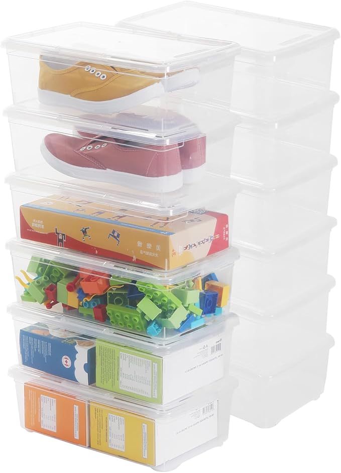 Naivees Shoe Storage Box Clear Plastic Stackable Storage box with Lid Durable Closet Containers for Shoes, Crafts and Art Supplies (12 Pack-6Qt)