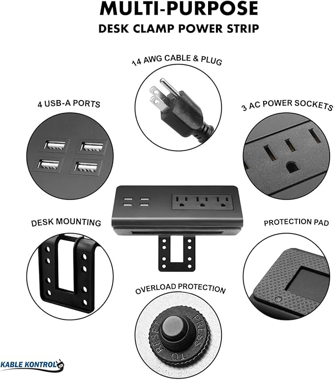 Kable Kontrol Desk Clamp Power Strip with 4 USB-A Ports, Nightstand Charging Station, 3 AC Outlets, Fast Charger, Easy Installation for Home, Offices, Hotels – 4.9 Ft, Black, 100 Pcs
