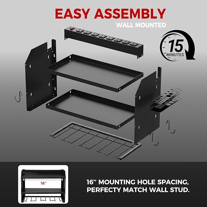 Power Tool Organizer Wall Mount with Charging Station, Heavy Duty 3 Layer Garage Tool Storage with 4 Cordless Drill Holder 8 Outlet Power Strip, Gift for Men Husband Dad Birthday Anniversary black