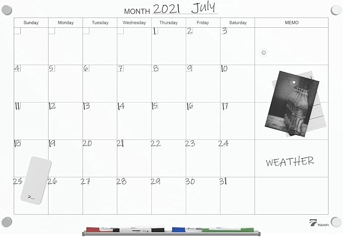 TOWON 36 x 24 Inches Tempered Glass Calendar Dry Erase Board for Wall, 3' x 2' Magnetic Whiteboard Calendar Planner for Office, Home, School Supplies, White