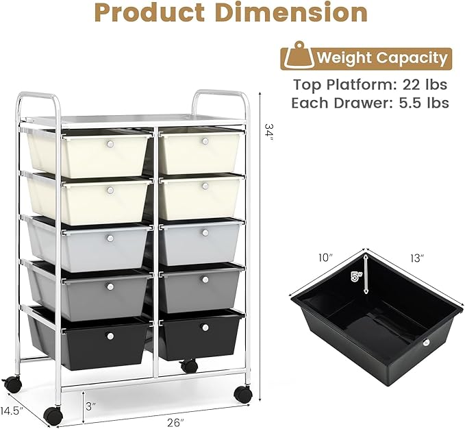LDAILY 10 Drawer Rolling Cart, Storage Cart Organizer on Wheels, Drawer Cart with Metal Frame & Large Storage Capacity, Rolling Cart with Drawers for Living Room Classroom, Office