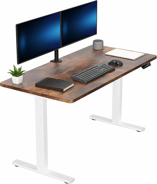 VIVO Electric 55 x 28 in Standing Desk, Memory Height Adjustment, 1B Series, Holds 220 lbs, One-Piece Rustic Vintage Brown Top, White Frame, DESK-KIT-1W55N