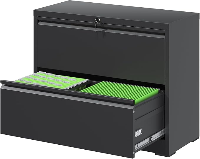 FLIXELIO File Cabinets 2 Drawer,Metal Office Storage Filing Cabinet with Lock,Black Lateral Filing Cabinet for Home Office,Horizontal 2-Drawer File Cabinets for Legal/Letter/A4,Assembly Require,Black
