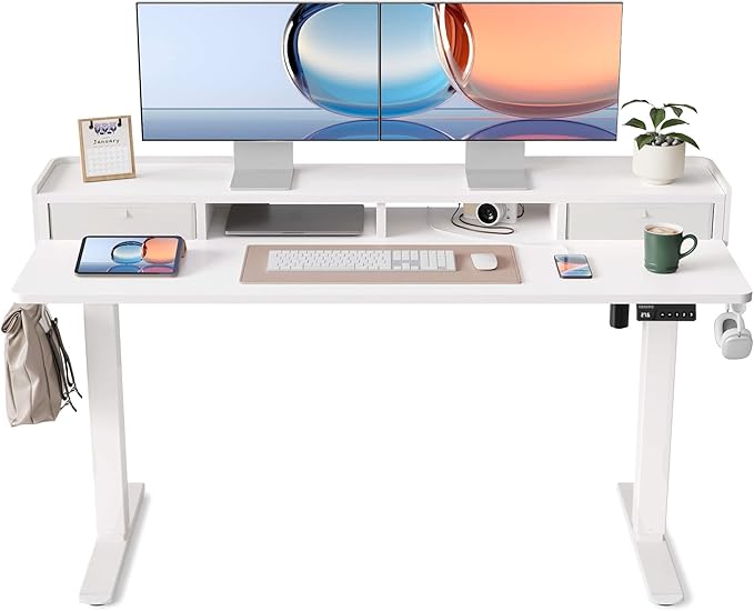 YIHAYO Electric Standing Desk with Drawers, 60 x 24 Inches Adjustable Desk with Storage Shelf, Computer Table with Splice Board for Home Office,White Frame/White Top