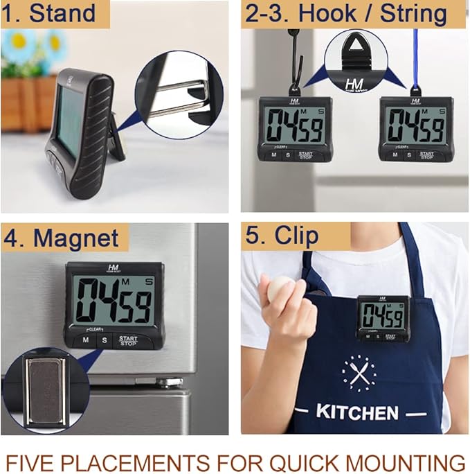 HOME MOST 3" Large Display Kitchen Timer - Digital Timer Magnetic Back Loud Alarm On A Rope- Black Cooking Timers For Kitchen Teachers Students Games Kids Meetings -Sports Timers For Workouts Exercise