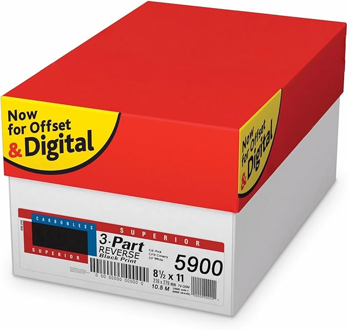 Superior 8.5 x 11 Carbonless Paper, 3 Part Reverse (Bright White/Canary/Pink), 833 Sets (2500 Sheets), 5 REAMS