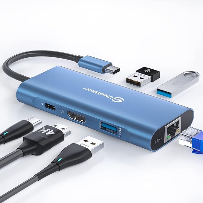 UtechSmart USB C Hub, Ethernet Multiport Adapter 6 in 1 USB C to HDMI Dock Compatible for MacBook Pro/Air, Chromebook, Dell XPS, HP and Type C Devices (Gigabit Ethernet 100W PD 4K HDMI USB 3.0) Blue