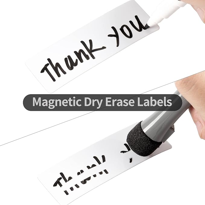 OQUYDEA 40-Pack Dry Erase Magnetic Labels - Waterproof, Eco-Friendly, Reusable Name Tags for Classroom, Office, Cabinet, Whiteboard, Fridge & More (White, 1x3 inches)…