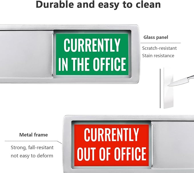 Currently In/Out of Office Magnetic Door Sign - 7"x2" Employee Status Slider, Non-Scratch Privacy Indicator for Office Cubicles, Home Offices, Conference Rooms - Silver