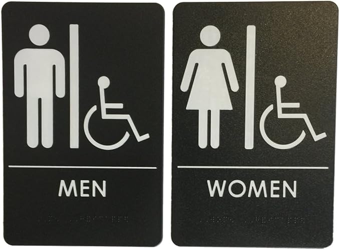 USA Made - Men's and Women's Restroom Signs ADA-Compliant Bathroom Door Signs for Offices, Businesses, and Restaurants, Black, Blue, Grey and Taupe/Tan Colors (Black Handicap)