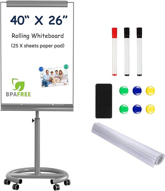 TSJ OFFICE Rolling Whiteboard Standing - 40 x 26 Inches Magnetic Mobile White Board with Stand, Height Adjustable Dry Erase Board on Wheels with Paper Clamp on Top, Gray